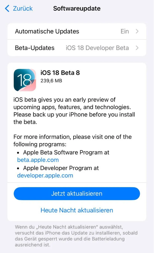 海城苹果手机维修分享苹果 iOS / iPadOS 18 开发者预览版 Beta 8 发布 